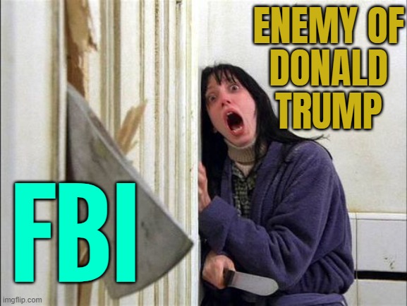 Kash Patel Confirmed, Deep State Panics | ENEMY OF
DONALD TRUMP; FBI | image tagged in the shining - wendy ax,deep state,crying democrats,donald trump,fbi,fbi open up | made w/ Imgflip meme maker