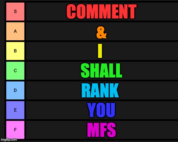 Tier List | COMMENT; &; I; SHALL; RANK; YOU; MFS | image tagged in tier list | made w/ Imgflip meme maker