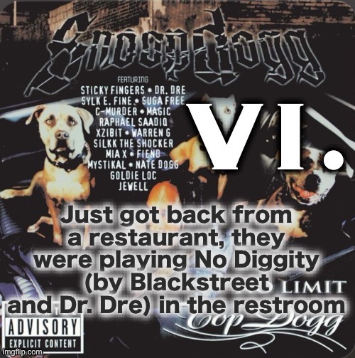 One of my favorite songs personally | Just got back from a restaurant, they were playing No Diggity (by Blackstreet and Dr. Dre) in the restroom | image tagged in vi 2nd template | made w/ Imgflip meme maker