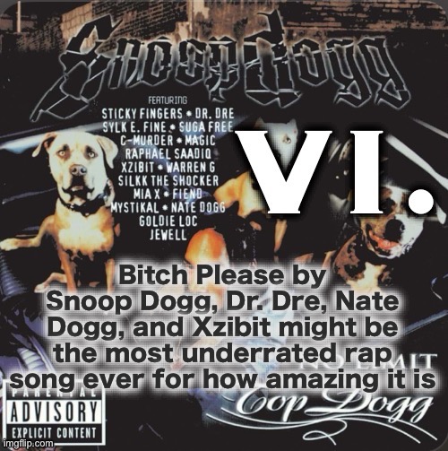 It’s probably the first rap song I ever listened to | Bitch Please by Snoop Dogg, Dr. Dre, Nate Dogg, and Xzibit might be the most underrated rap song ever for how amazing it is | image tagged in vi 2nd template | made w/ Imgflip meme maker