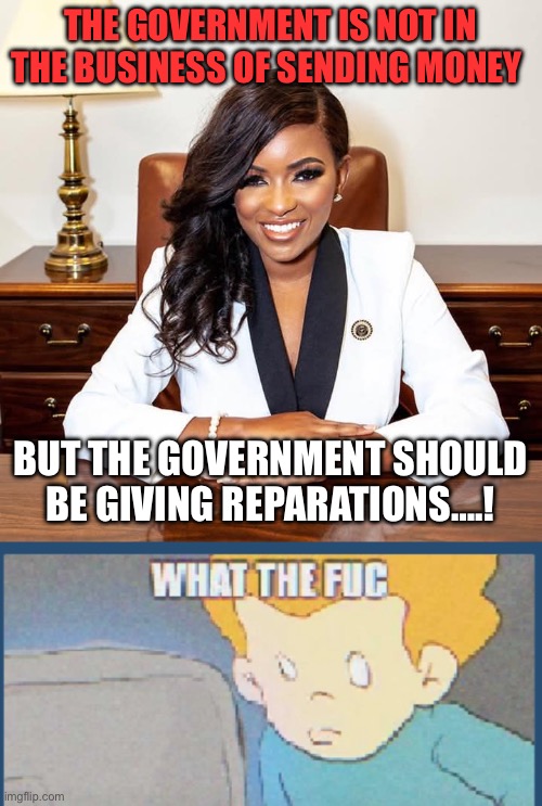 THE GOVERNMENT IS NOT IN THE BUSINESS OF SENDING MONEY; BUT THE GOVERNMENT SHOULD BE GIVING REPARATIONS….! | image tagged in jasmine crockett,what the fuc,government,taxes,politics | made w/ Imgflip meme maker