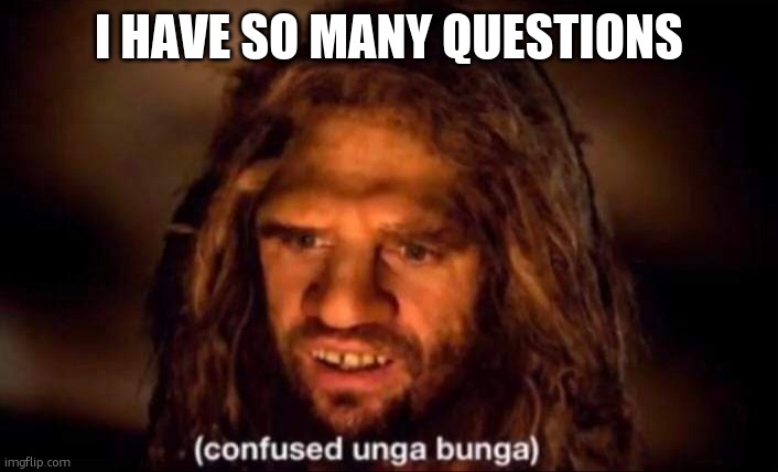 Confused Unga Bunga | I HAVE SO MANY QUESTIONS | image tagged in confused unga bunga | made w/ Imgflip meme maker