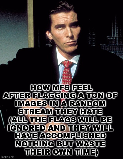 Christian Bale | HOW MFS FEEL AFTER FLAGGING A TON OF 
IMAGES IN A RANDOM 
STREAM THEY HATE 
(ALL THE FLAGS WILL BE 
IGNORED AND THEY WILL 
HAVE ACCOMPLISHED 
NOTHING BUT WASTE 
THEIR OWN TIME) | image tagged in christian bale | made w/ Imgflip meme maker