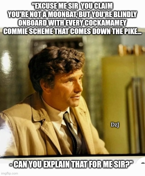 Help the Lieutenant Out | "EXCUSE ME SIR  YOU CLAIM YOU'RE NOT A MOONBAT, BUT YOU'RE BLINDLY ONBOARD WITH EVERY COCKAMAMEY COMMIE SCHEME THAT COMES DOWN THE PIKE... DzJ; - CAN YOU EXPLAIN THAT FOR ME SIR?" | image tagged in lying,libtard,commie,losers | made w/ Imgflip meme maker