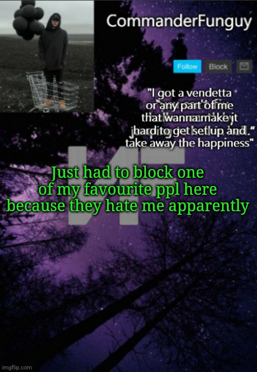 CommanderFunguy NF template (thx yachi) | Just had to block one of my favourite ppl here because they hate me apparently | image tagged in commanderfunguy nf template thx yachi | made w/ Imgflip meme maker