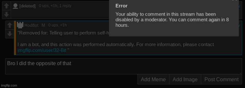 Bruh, I told him to NOT kys and modbot banned me | made w/ Imgflip meme maker