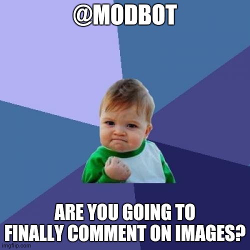 Success Kid | @MODBOT; ARE YOU GOING TO FINALLY COMMENT ON IMAGES? | image tagged in memes,success kid | made w/ Imgflip meme maker