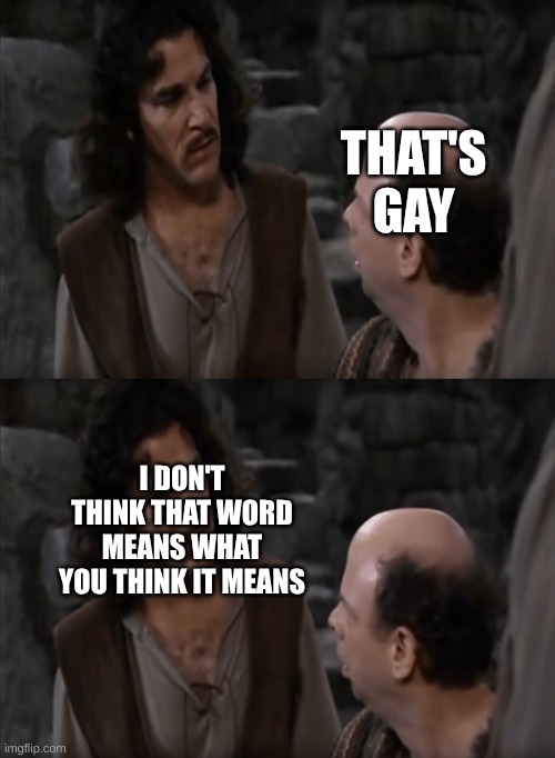 You Keep Using That Word | THAT'S GAY; I DON'T THINK THAT WORD MEANS WHAT YOU THINK IT MEANS | image tagged in you keep using that word | made w/ Imgflip meme maker