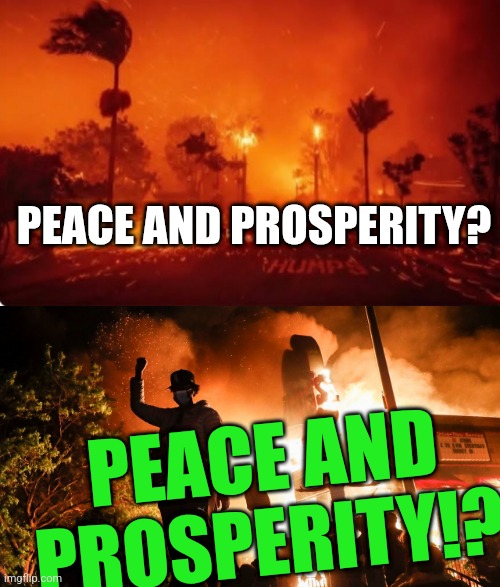 PEACE AND PROSPERITY? PEACE AND PROSPERITY!? | image tagged in la fires 2025,blm riots | made w/ Imgflip meme maker