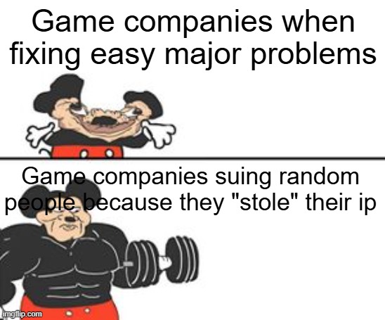 Buff Mokey | Game companies when fixing easy major problems; Game companies suing random people because they "stole" their ip | image tagged in buff mokey | made w/ Imgflip meme maker