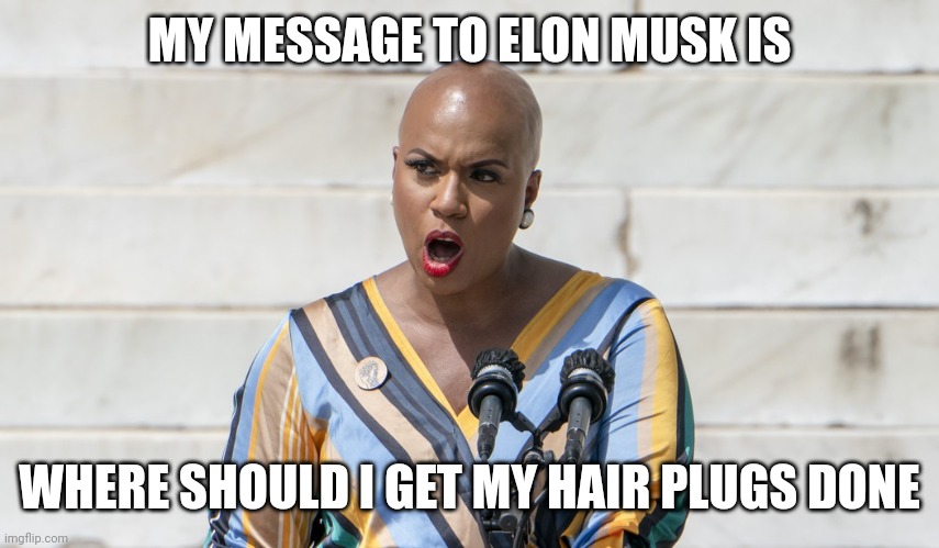 Ayanna Pressley | MY MESSAGE TO ELON MUSK IS WHERE SHOULD I GET MY HAIR PLUGS DONE | image tagged in ayanna pressley | made w/ Imgflip meme maker