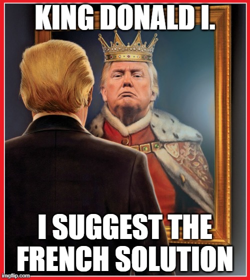 Trump Mirror King | KING DONALD I. I SUGGEST THE FRENCH SOLUTION | image tagged in trump mirror king,french revolution | made w/ Imgflip meme maker