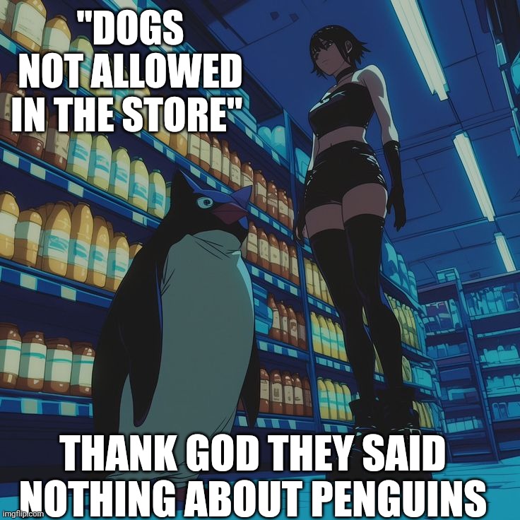 Penguins, anyone? | "DOGS NOT ALLOWED IN THE STORE"; THANK GOD THEY SAID NOTHING ABOUT PENGUINS | image tagged in penguin and goth girlfriend | made w/ Imgflip meme maker