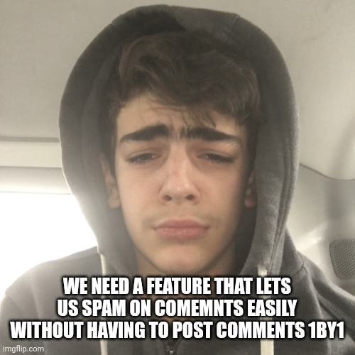 Hopeless romantic dude | WE NEED A FEATURE THAT LETS US SPAM ON COMEMNTS EASILY WITHOUT HAVING TO POST COMMENTS 1BY1 | image tagged in hopeless romantic dude | made w/ Imgflip meme maker