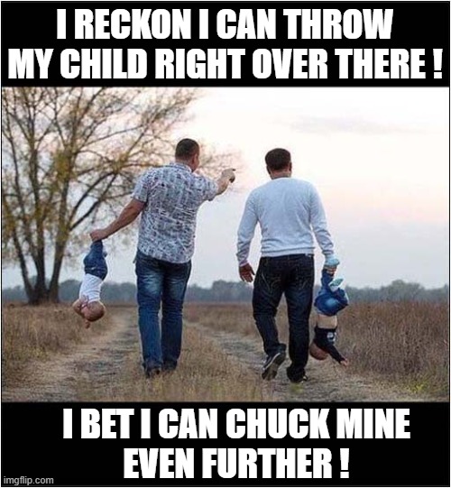 They Were Told To 'Play' With Their Children ! | I RECKON I CAN THROW MY CHILD RIGHT OVER THERE ! I BET I CAN CHUCK MINE
EVEN FURTHER ! | image tagged in dads,child,hanging,throwing,dark humour | made w/ Imgflip meme maker