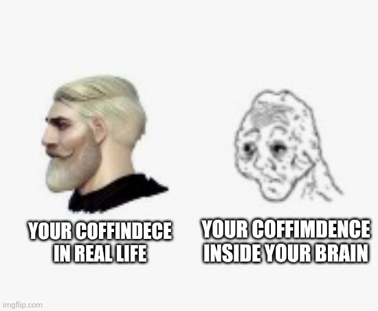 Before vs afrer | YOUR COFFIMDENCE INSIDE YOUR BRAIN; YOUR COFFINDECE IN REAL LIFE | image tagged in before vs afrer | made w/ Imgflip meme maker