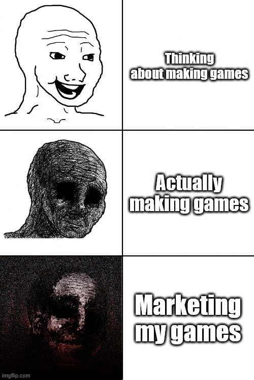 Marketing my indie games wojak meme | Thinking about making games; Actually making games; Marketing my games | image tagged in indie games,marketing,programming,video games,unity,wojak | made w/ Imgflip meme maker