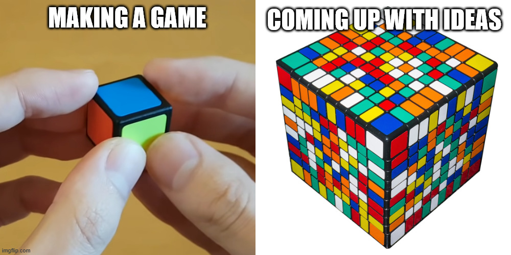 Indie game development coming up with ideas | MAKING A GAME; COMING UP WITH IDEAS | image tagged in rubiks cube,video games,indie games,marketing,promotion,ideas guy | made w/ Imgflip meme maker