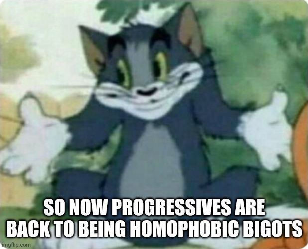 Tom Shrugging | SO NOW PROGRESSIVES ARE BACK TO BEING HOMOPHOBIC BIGOTS | image tagged in tom shrugging | made w/ Imgflip meme maker