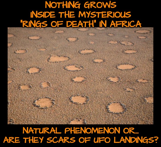 Proof of Invasion Long Ago? | NOTHING GROWS INSIDE THE MYSTERIOUS
"RINGS OF DEATH" IN AFRICA; NATURAL PHENOMENON OR...
ARE THEY SCARS OF UFO LANDINGS? | image tagged in ufos,mother nature | made w/ Imgflip meme maker