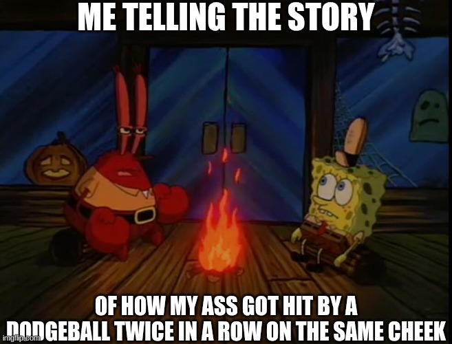 true story | ME TELLING THE STORY; OF HOW MY ASS GOT HIT BY A DODGEBALL TWICE IN A ROW ON THE SAME CHEEK | image tagged in mr krabs campfire | made w/ Imgflip meme maker