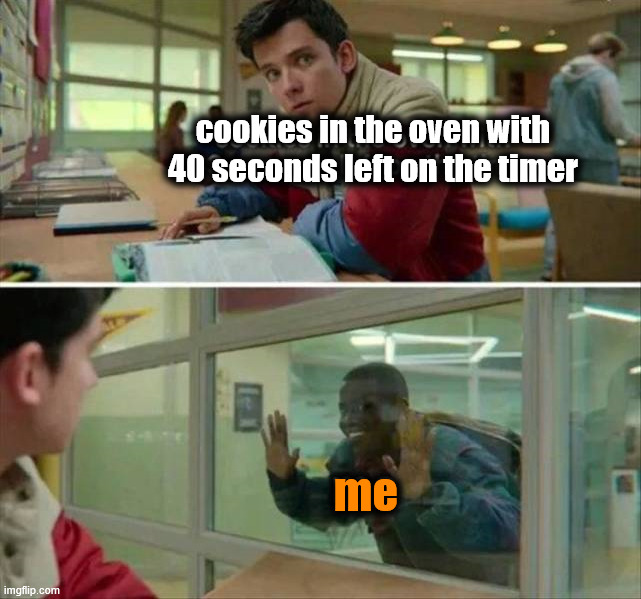 Waiting for those cookies | cookies in the oven with
40 seconds left on the timer; me | image tagged in cookies | made w/ Imgflip meme maker