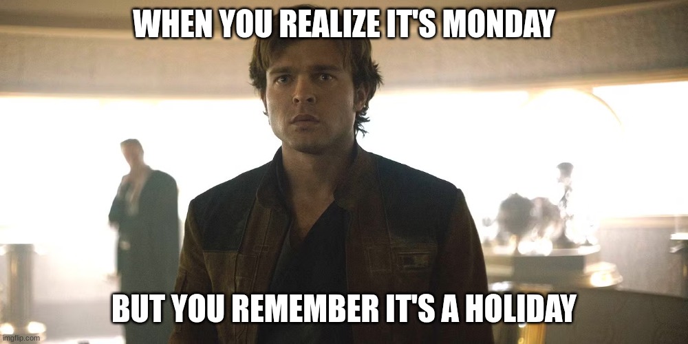 han solo | WHEN YOU REALIZE IT'S MONDAY; BUT YOU REMEMBER IT'S A HOLIDAY | image tagged in han solo | made w/ Imgflip meme maker