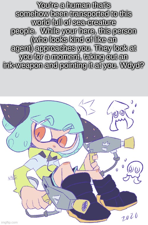 Basic rules apply. No joke rps and no romance. Art isn't mine, so credit to whoever made it. made | You're a human that's somehow been transported to this world full of sea-creature people.  While your here, this person (who looks kind of like an agent) approaches you. They look at you for a moment, taking out an ink-weapon and pointing it at you. Wdyd? | made w/ Imgflip meme maker