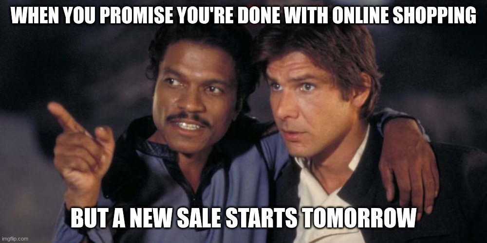 lando calrissian | WHEN YOU PROMISE YOU'RE DONE WITH ONLINE SHOPPING; BUT A NEW SALE STARTS TOMORROW | image tagged in lando calrissian | made w/ Imgflip meme maker