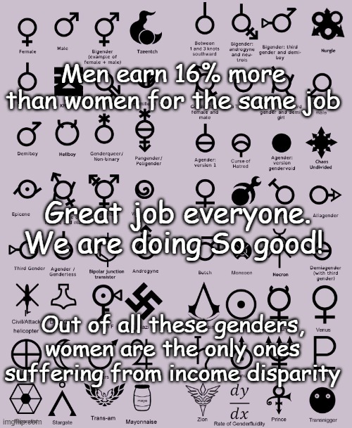 Income Disparity | Men earn 16% more than women for the same job; Great job everyone. We are doing So good! Out of all these genders, women are the only ones suffering from income disparity | image tagged in every gender | made w/ Imgflip meme maker