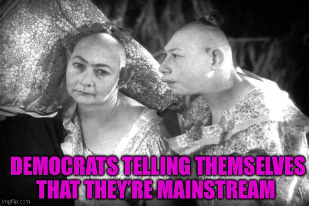 Democrat self analysis | DEMOCRATS TELLING THEMSELVES THAT THEY’RE MAINSTREAM | image tagged in elvira and jenny,democrats,corruption,liberal logic | made w/ Imgflip meme maker