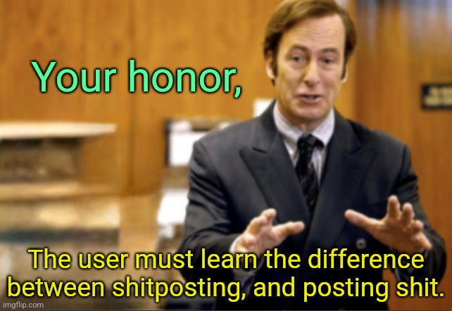 Saul Goodman defending | Your honor, The user must learn the difference between shitposting, and posting shit. | image tagged in saul goodman defending | made w/ Imgflip meme maker