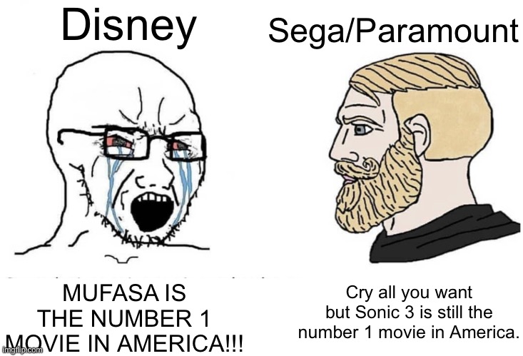 The Mufasa argument be like | Disney; Sega/Paramount; Cry all you want but Sonic 3 is still the number 1 movie in America. MUFASA IS THE NUMBER 1 MOVIE IN AMERICA!!! | image tagged in soyboy vs yes chad,disney,sega,sonic the hedgehog,paramount | made w/ Imgflip meme maker