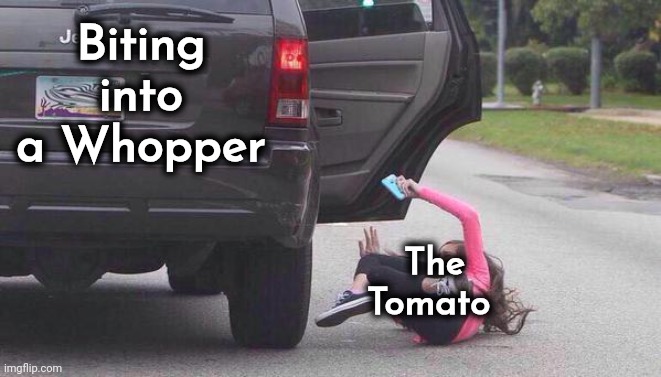 thrown out of car | Biting into a Whopper The Tomato | image tagged in thrown out of car | made w/ Imgflip meme maker