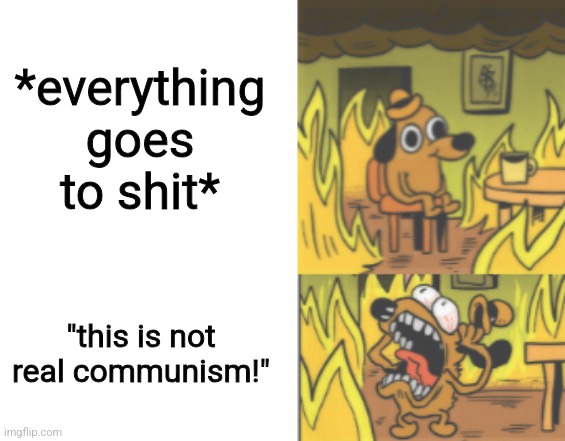 THIS IS NOT FINE!! | *everything goes to shit* "this is not real communism!" | image tagged in this is not fine | made w/ Imgflip meme maker