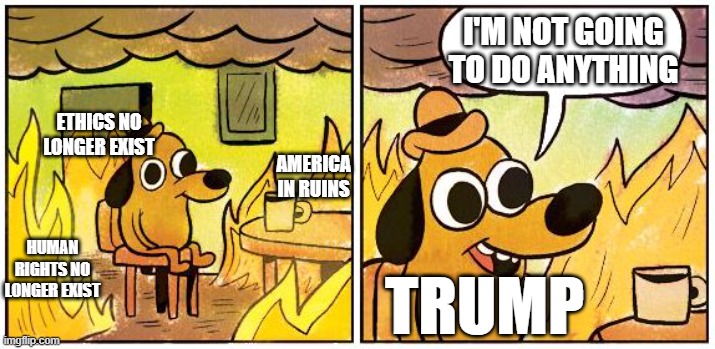 This is Fine (Blank) | I'M NOT GOING TO DO ANYTHING; ETHICS NO LONGER EXIST; AMERICA IN RUINS; HUMAN RIGHTS NO LONGER EXIST; TRUMP | image tagged in this is fine blank | made w/ Imgflip meme maker
