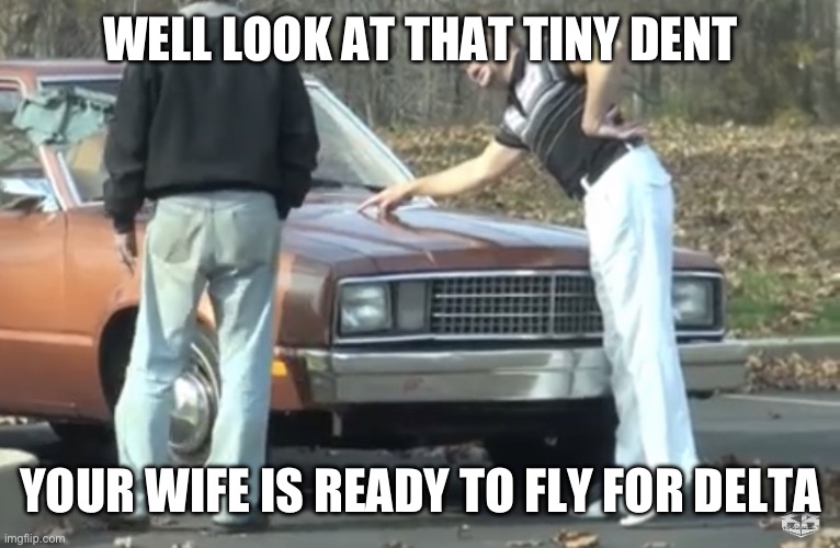 Ed bassmaster would you look at that | WELL LOOK AT THAT TINY DENT; YOUR WIFE IS READY TO FLY FOR DELTA | image tagged in ed bassmaster would you look at that | made w/ Imgflip meme maker