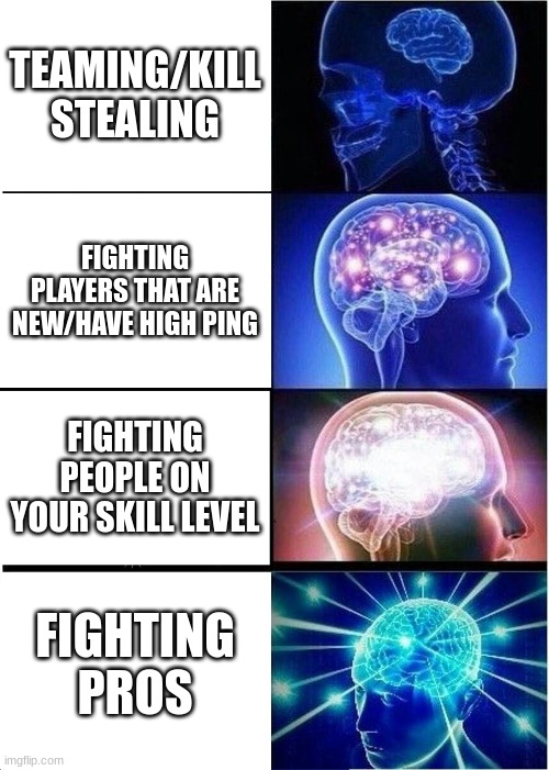 Applies for any Battlegrounds game | TEAMING/KILL STEALING; FIGHTING PLAYERS THAT ARE NEW/HAVE HIGH PING; FIGHTING PEOPLE ON YOUR SKILL LEVEL; FIGHTING PROS | image tagged in memes,expanding brain,roblox,battlegrounds | made w/ Imgflip meme maker