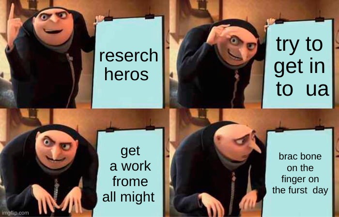 Gru's Plan | reserch heros; try to get in  to  ua; get a work frome all might; brac bone on the finger on the furst  day | image tagged in memes,gru's plan | made w/ Imgflip meme maker