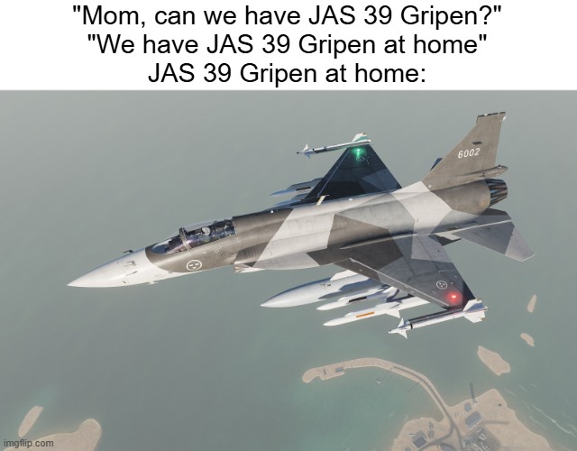 the gripen at home | "Mom, can we have JAS 39 Gripen?"
"We have JAS 39 Gripen at home"
JAS 39 Gripen at home: | image tagged in fighter jet,gripen,mom can we have,can we have no we have at home at home | made w/ Imgflip meme maker