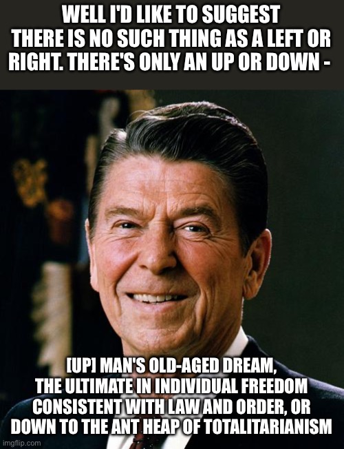 Ronald Reagan face | WELL I'D LIKE TO SUGGEST THERE IS NO SUCH THING AS A LEFT OR RIGHT. THERE'S ONLY AN UP OR DOWN - [UP] MAN'S OLD-AGED DREAM, THE ULTIMATE IN  | image tagged in ronald reagan face | made w/ Imgflip meme maker