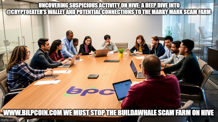 UNCOVERING SUSPICIOUS ACTIVITY ON HIVE: A DEEP DIVE INTO @CRYPTOEATER’S WALLET AND POTENTIAL CONNECTIONS TO THE MARKY MARK SCAM FARM; WWW.BILPCOIN.COM WE MUST STOP THE BUILDAWHALE SCAM FARM ON HIVE | made w/ Imgflip meme maker