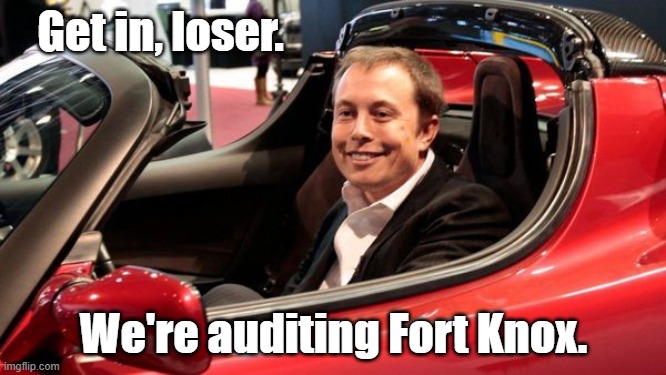 Get in, Loser. | Get in, loser. We're auditing Fort Knox. | image tagged in elon musk,get in loser | made w/ Imgflip meme maker