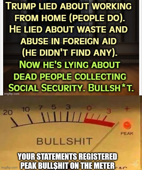 We call Bull$hit | YOUR STATEMENTS REGISTERED
PEAK BULL$HIT ON THE METER | image tagged in bullshit meter,leftists,tds,liberals | made w/ Imgflip meme maker