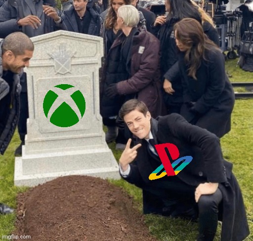 THE WAR IS OVER | image tagged in grant gustin over grave,console wars,xbox,playstation,video games | made w/ Imgflip meme maker