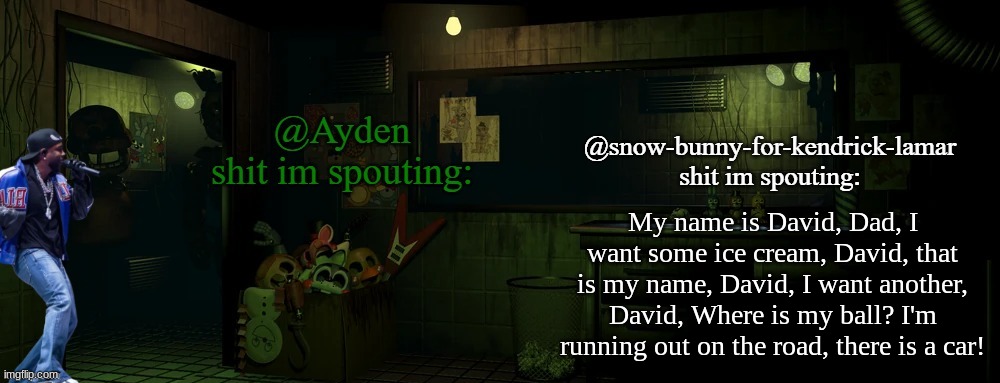 snow bunny and ayden shared temp | My name is David, Dad, I want some ice cream, David, that is my name, David, I want another, David, Where is my ball? I'm running out on the road, there is a car! | image tagged in snow bunny and ayden shared temp | made w/ Imgflip meme maker