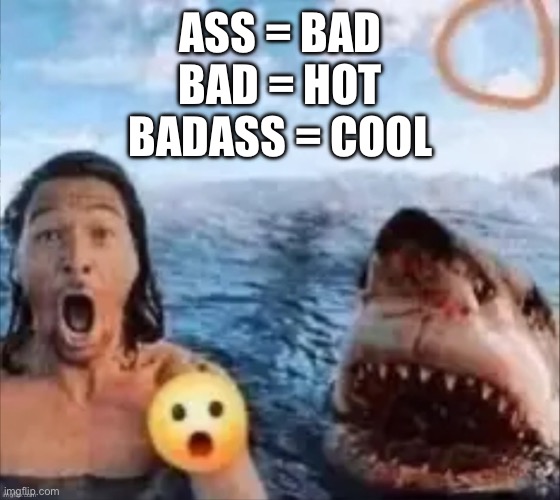 Shark | ASS = BAD
BAD = HOT
BADASS = COOL | image tagged in shark | made w/ Imgflip meme maker