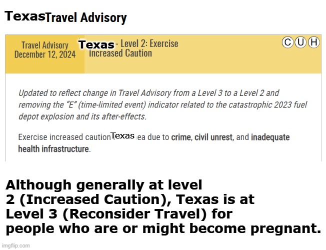 Texas Although generally at level 2 (Increased Caution), Texas is at Level 3 (Reconsider Travel) for people who are or might become pregnant | made w/ Imgflip meme maker