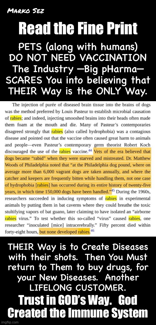 Another Thing THEY Scare You Into Believing  —  Question Everything -•- LOOK INTO IT | Marko Sez; Read the Fine Print; PETS (along with humans)
DO NOT NEED VACCINATION
The Industry —Big pHarma—
SCARES You into believing that
THEIR Way is the ONLY Way. THEIR Way is to Create Diseases
with their shots.  Then You Must
return to Them to buy drugs, for
your New Diseases.  Another
LIFELONG CUSTOMER. Trust in GOD’s Way.   God
Created the Immune System | image tagged in memes,you want whats best for your pet,do not vax them,god made them purrfect,lefty wants to own n control u,fjbvoterskma | made w/ Imgflip meme maker
