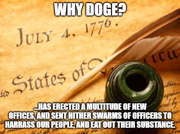 Declaration of independence | WHY DOGE? ...HAS ERECTED A MULTITUDE OF NEW OFFICES, AND SENT HITHER SWARMS OF OFFICERS TO HARRASS OUR PEOPLE, AND EAT OUT THEIR SUBSTANCE. | image tagged in declaration of independence | made w/ Imgflip meme maker